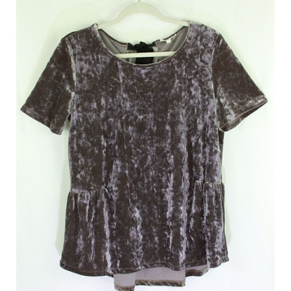Pleione Crushed Velvet Top w/Ribbon Tie Short Sleeve Purple Womens Large
